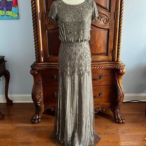 Adrianna Papell short sleeve blouson beaded gown in Lead- size 2 NWT